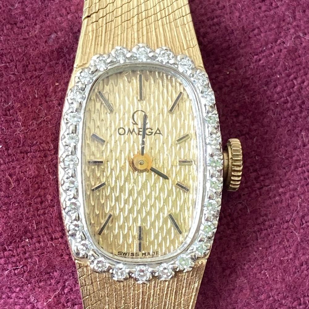 Vintage Ladies Omega 14k Gold Watch with Diamond Bezel and Textured Band
